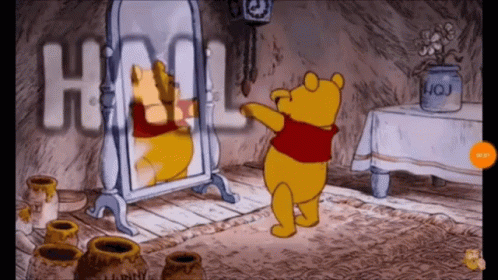 A Cartoon Of Winnie The Pooh Standing In Front Of A Mirror With The Word Hall Painted On The Wall GIF