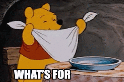 A Cartoon Of Winnie The Pooh With A Towel Around His Neck And The Words " What 'S For " On The Bottom GIF