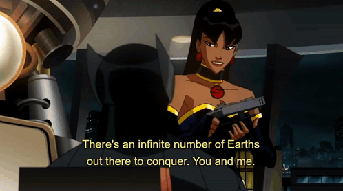 A Cartoon Of Wonder Woman Holding A Gun With The Caption " There 'S An Infinite Number Of Earths Out There To Conquer " GIF