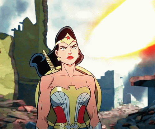 A Cartoon Of Wonder Woman Standing In Front Of A Building GIF