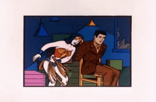 A Cartoon Of Wonder Woman Standing Next To A Man GIF