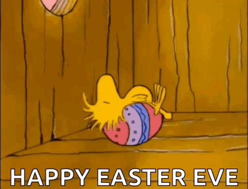A Cartoon Of Woodstock Holding An Easter Egg And The Words Happy Easter Eve GIF