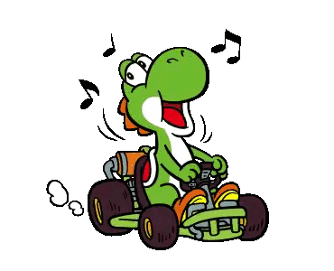 a cartoon of yoshi driving a go kart with music notes behind him