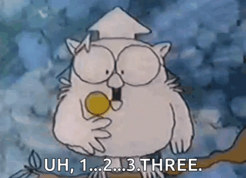 A Cartoon Owl Is Sitting On A Tree Branch Holding A Coin And Saying Uh , 1 ... 2 ... 3 . GIF