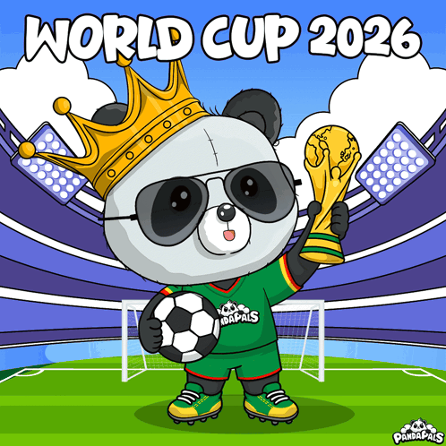 A Cartoon Panda Bear Holding A Soccer Ball And A Trophy With The Words World Cup 2026 Behind Him GIF