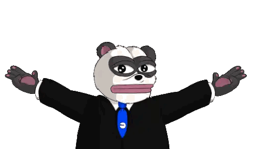 a cartoon panda bear in a suit and tie with his arms outstretched