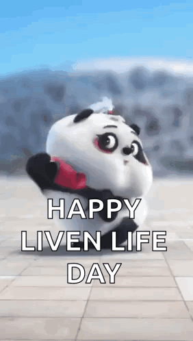 A Cartoon Panda Bear Is Holding A Red Heart And Says `` Happy Liven Life Day '' . GIF