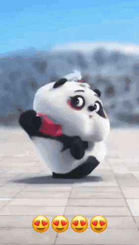 A Cartoon Panda Bear Is Holding A Red Heart In His Hands GIF