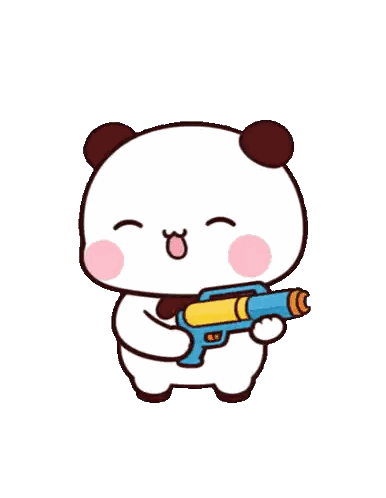 a cartoon panda bear is holding a water gun and spraying it .