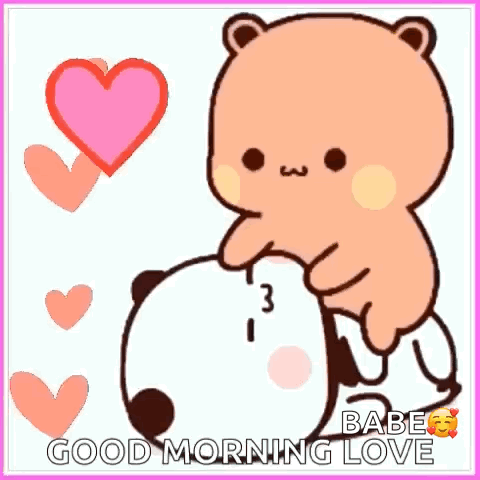 A Cartoon Panda Bear Is Kissing Another Panda Bear With A Heart In The Background . GIF