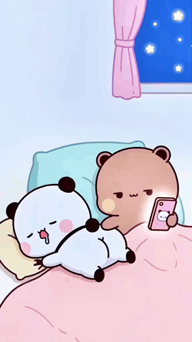 A Cartoon Panda Bear Is Laying On A Bed Next To A Brown Bear Who Is Holding A Cell Phone . GIF