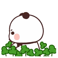 a cartoon panda bear is standing in a field of clovers and holding a clover .