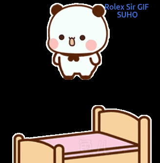 A Cartoon Panda Bear Is Standing Next To A Bed . GIF