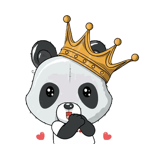 a cartoon panda bear wearing a crown with hearts in his eyes