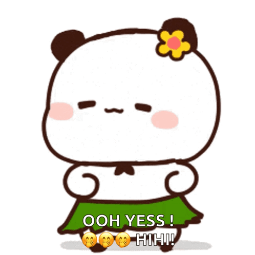 A Cartoon Panda Bear Wearing A Green Skirt And A Flower In Its Hair Says Ooh Yess GIF