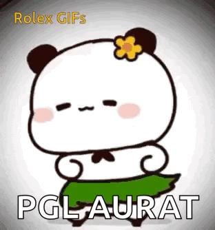 A Cartoon Panda Bear Wearing A Green Skirt With A Flower On Its Head . GIF