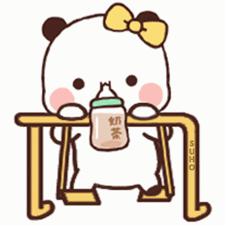 A Cartoon Panda Bear With A Bow On Its Head Is Sitting At A Table Holding A Bottle Of Milk . GIF