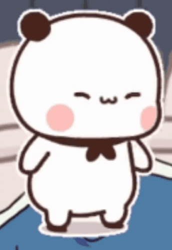 A Cartoon Panda Bear With A Bow Tie Is Standing On A Blue Floor . GIF