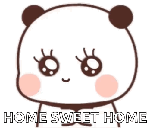 A Cartoon Panda Bear With Big Eyes And The Words `` Home Sweet Home '' . GIF