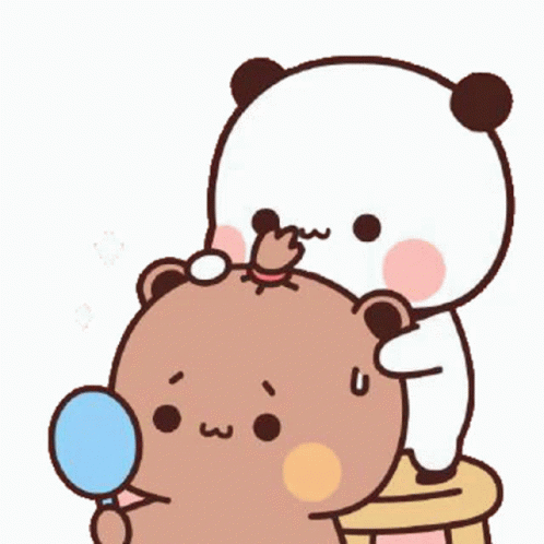 A Cartoon Panda Is Brushing Another Panda 'S Hair While Looking At Himself In A Mirror . GIF