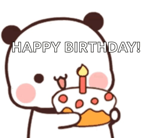 A Cartoon Panda Is Holding A Birthday Cake With A Candle In Its Mouth . GIF