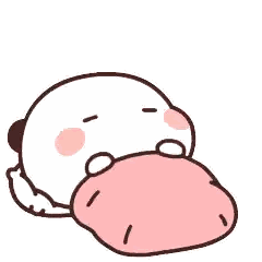 a cartoon panda is laying on a bed with a pink pillow in its mouth .