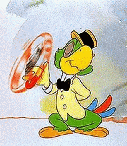 A Cartoon Parrot Wearing A Top Hat And Bow Tie Is Holding A Drum . GIF