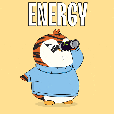 A Cartoon Penguin Drinking From A Bottle With The Word Energy Above It GIF