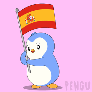 A Cartoon Penguin Holding A Spanish Flag GIF