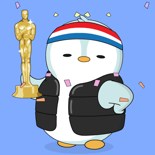 A Cartoon Penguin Holding An Oscar Statue With Confetti Around It GIF