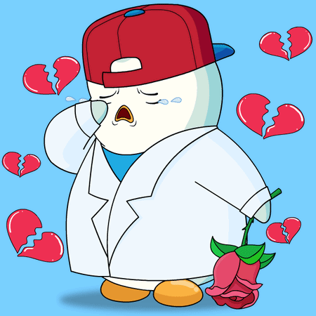 A Cartoon Penguin Is Crying While Holding A Rose In Front Of Broken Hearts GIF