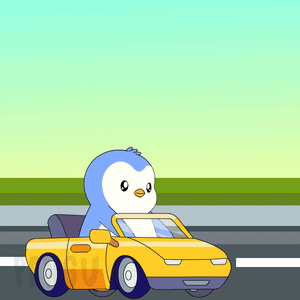 A Cartoon Penguin Is Driving A Yellow Car Next To A Sign That Says Welcome To Station GIF