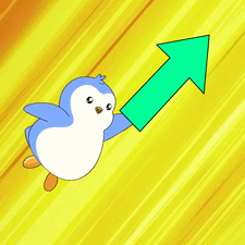 A Cartoon Penguin Is Flying With A Green Arrow Pointing Upwards GIF