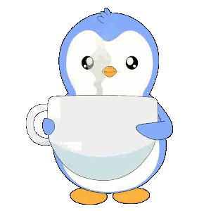 a cartoon penguin is holding a cup of coffee