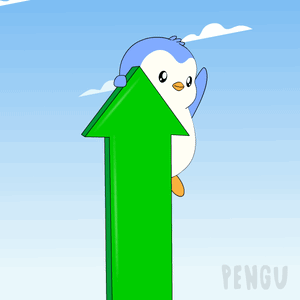A Cartoon Penguin Is Holding A Green Arrow Pointing Upwards GIF