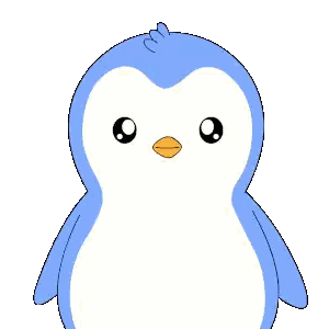 a cartoon penguin is holding a sign with scissors and an arrow