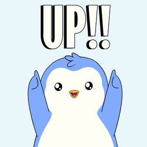 A Cartoon Penguin Is Holding Up Two Green Arrows With The Word Up Written Above It GIF