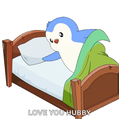 A Cartoon Penguin Is Laying In A Bed With The Words Love You Hubby Above It GIF