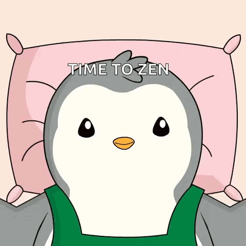 A Cartoon Penguin Is Laying On A Pink Pillow With The Words Time To Zen Written Above It GIF