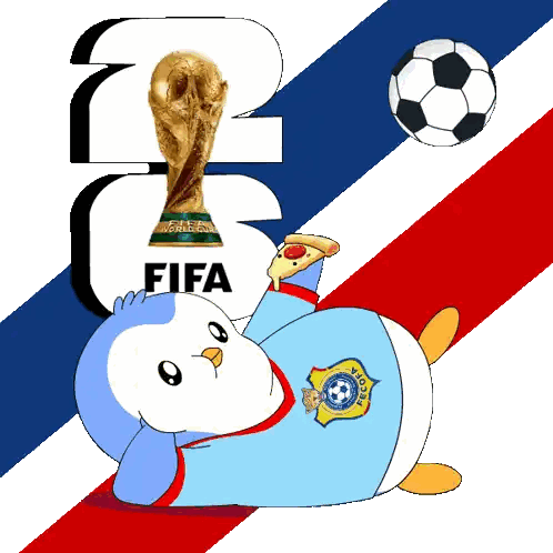 a cartoon penguin is laying on the ground with a soccer ball and a fifa trophy in the background
