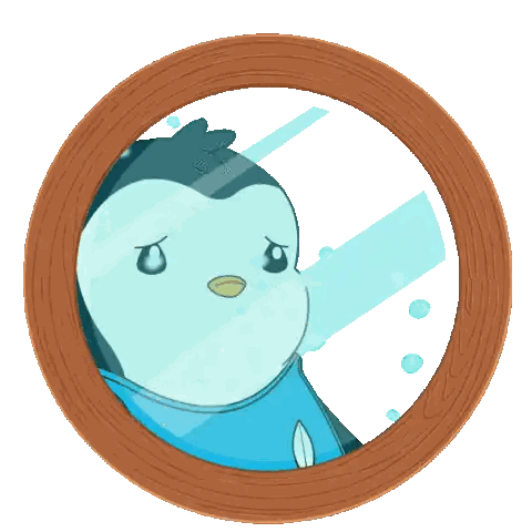 a cartoon penguin is looking out of a wooden window