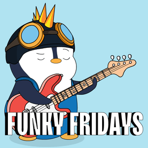 A Cartoon Penguin Is Playing A Guitar With The Words Funky Fridays Below It GIF