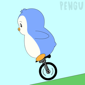 A Cartoon Penguin Is Riding A Bike On A Hill GIF