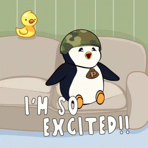 A Cartoon Penguin Is Sitting On A Couch With The Words I 'M So Excited GIF