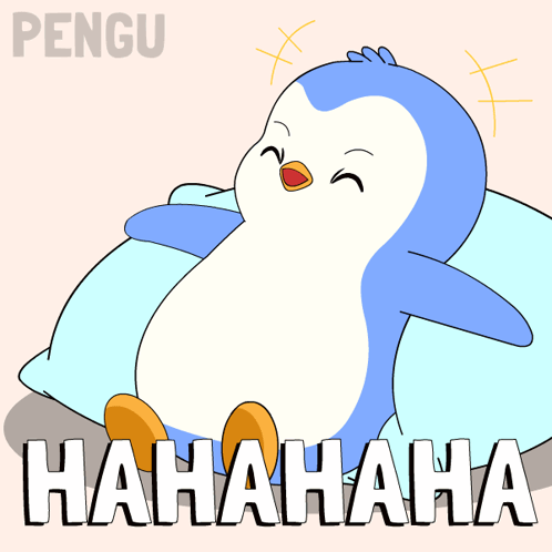 A Cartoon Penguin Is Sitting On A Pillow With The Words Hahahaha Written Below It GIF