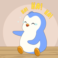 A Cartoon Penguin Is Sitting On A Wooden Table And Laughing With The Words Ha ! Ha ! Surrounding It GIF