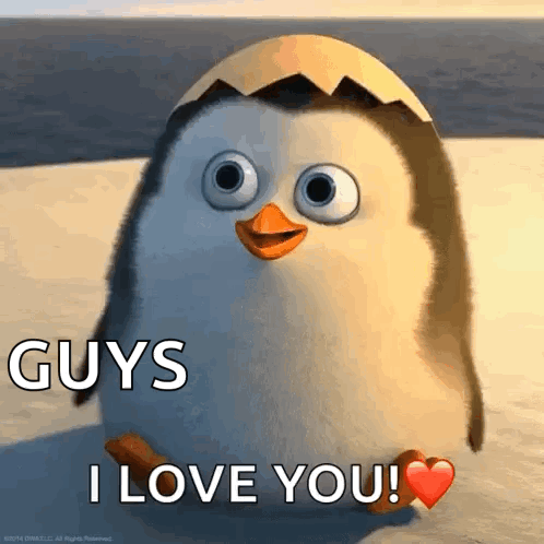 A Cartoon Penguin Is Sitting On The Beach And Saying Guys I Love You GIF