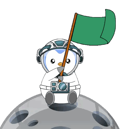 a cartoon penguin is sitting on the moon holding a flag