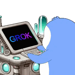 a cartoon penguin is standing in front of a computer screen that says grok
