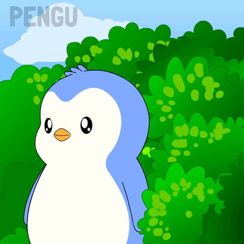 A Cartoon Penguin Is Standing In Front Of A Lush Green Forest And The Word Pengu Is On The Bottom Left GIF